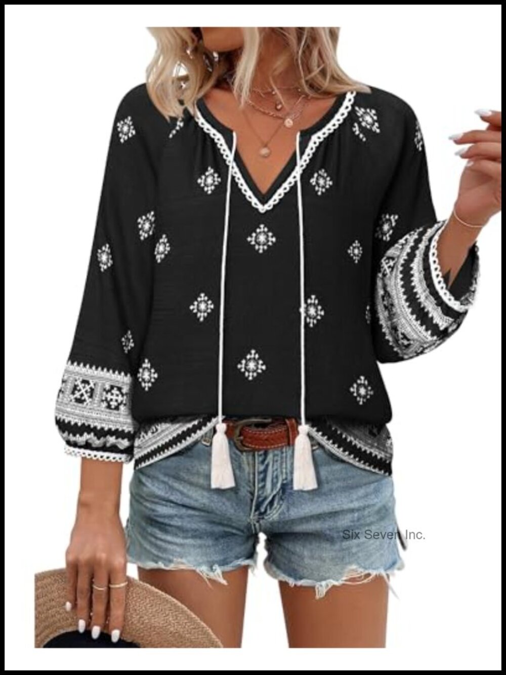 Boho Floral V-Neck Blouse with 3/4 Lantern Sleeves